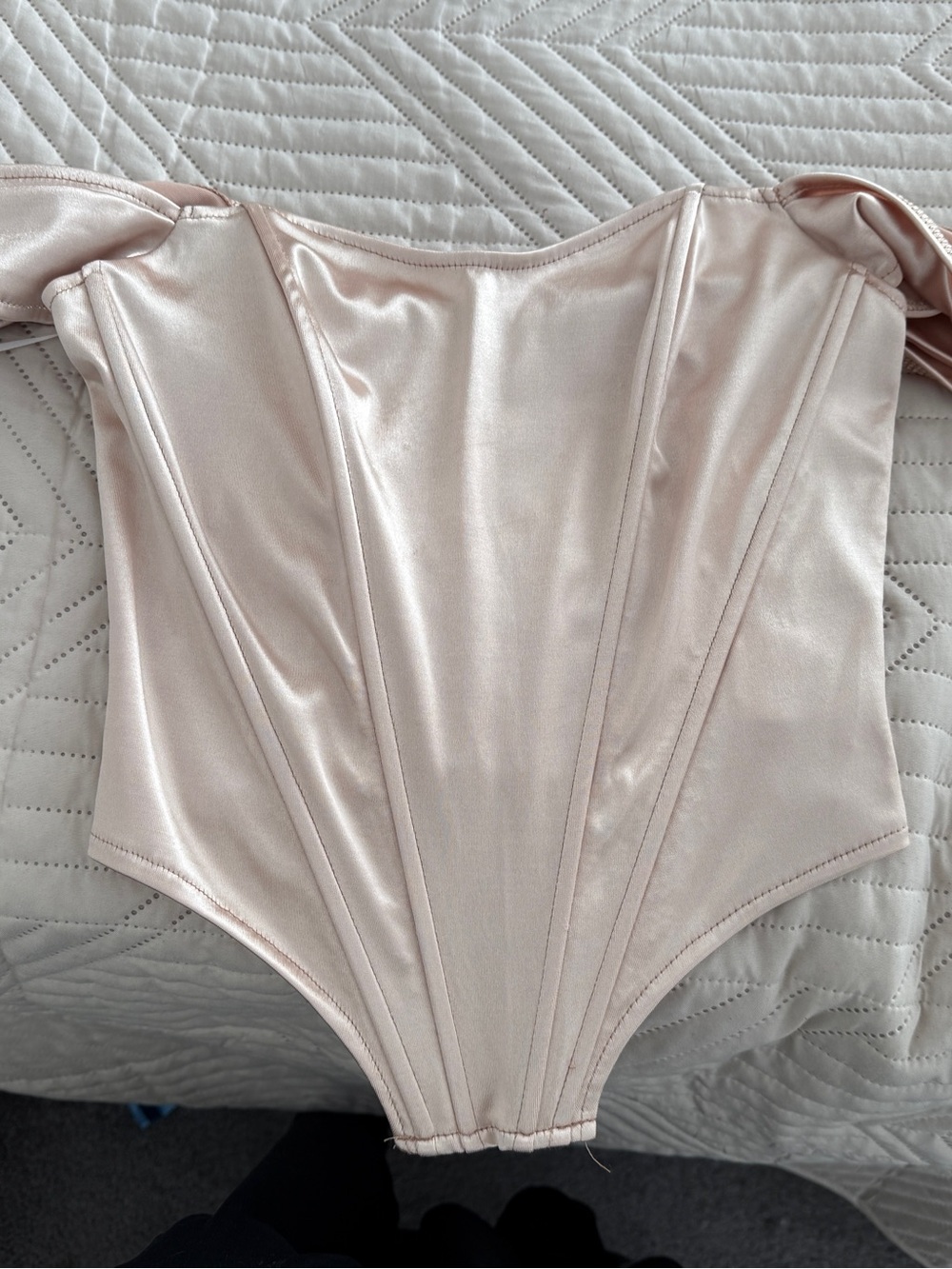 Off-Shoulder Satin Bodysuit in Light Blush